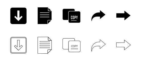 Vector illustration of download document copy and share icons in black and white style