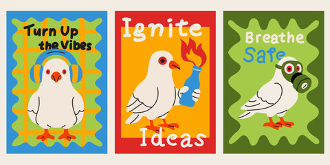 Fototapeta premium Bold Cartoon Pigeon Posters with Headphones, Fire, and Gas Mask