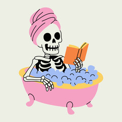 Funny Skeleton Reading in Bathtub with Bubbles