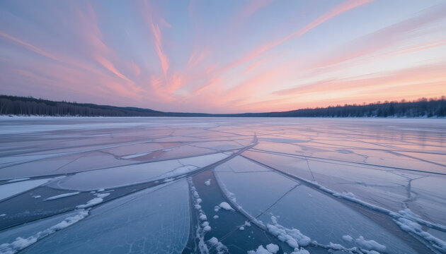 A frozen lake with visible ice cracks under a pastel winter sky - Powered by Adobe