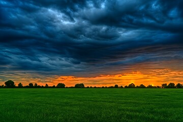 Fototapeta premium Dramatic sunset sky over green field with silhouetted trees