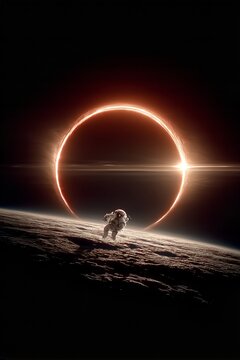 Spaceman on Planet Edge with Sci-Fi Ring Portal - made with Generative AI