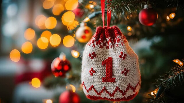 knitted christmas advent calendar sock with number 1 hanging on decorated christmas tree festive handmade ornament holiday tradition cozy seasonal decoration
