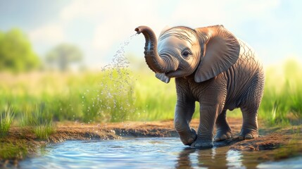 Fototapeta premium Baby elephant is playing in a river, splashing water with its trunk. The scene is peaceful and serene, with the baby elephant enjoying its time in the water