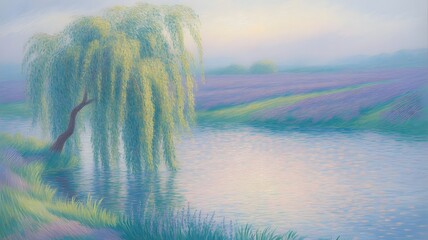 Serene weeping willow dips branches into tranquil lake reflecting soft pastel hues of a dreamy lavender field at sunrise