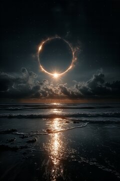 Dramatic Starry Night with Glowing Ring and Sea Waves - made with Generative AI