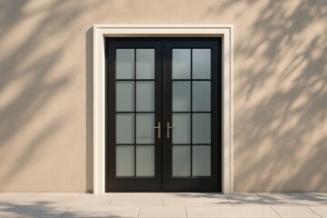 Obraz premium Black French double glass doors with white frame casting soft shadows on beige wall in sunlight, minimalist exterior architectural style concept. Ai generative