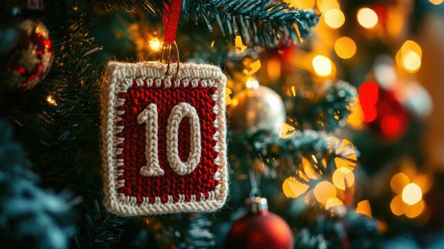 A crocheted Christmas-themed advent calendar with the word "10" hanging on a decorated Christmas tree,