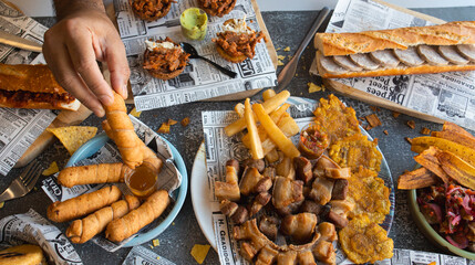 Hand dipping tequeño into sauce enjoying latin american feast