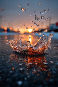 Orange Glow Reflection on Wet Ground and Splash - made with Generative AI