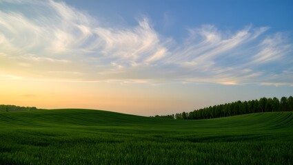 Fototapeta premium Vast green rolling hills under a dramatic sunset sky with wispy clouds