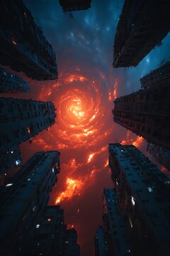 Dramatic Urban Sky with Red Cosmic Portal	 - made with Generative AI