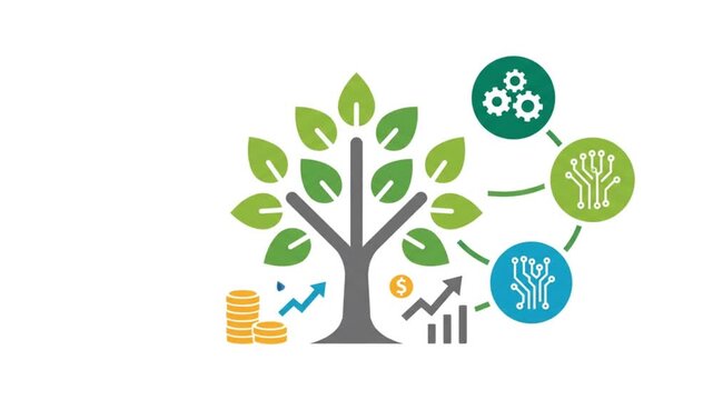Conceptual illustration of green investment, linking a tree with financial growth charts and technology icons.