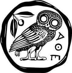 Ancient Greek coin with owl and branch of olive tree. Vintage symbol of owl in Athens coin. Black and white.  Antique symbol, silver coin tetradrachm. Vector illustration
