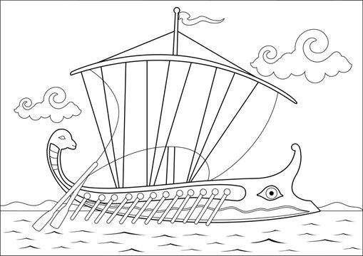 Ancient Greek trireme in the sea. Greek trireme ship sailing on the sea. Vector black and white coloring page.