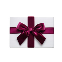 Elegant gift box with a rich burgundy velvet ribbon and bow, isolated on transparent background