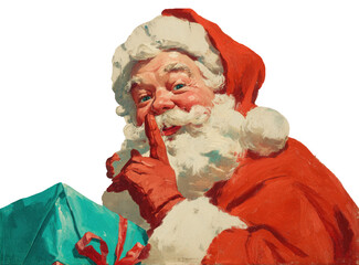 Vintage santa claus holding a gift and gesturing for silence, isolated on transparent background