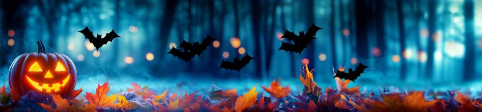 Glowing jack o lantern surrounded by autumn leaves and flying bats in misty dark forest Halloween night background with magical eerie atmosphere. Long banner footage

