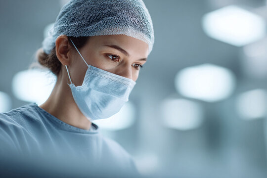 Focused female surgeon in mask  cap, intense gaze, healthcare professional. Represents dedication, precision, medicine. Use for medical, health, or research.