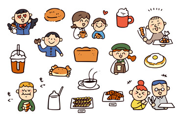 パン屋と人物のイラストセット