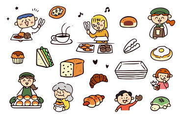 パン屋と人物のイラストセット