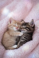 Two kittens are sleeping together on a pink blanket. The kittens are small and fluffy, and they seem to be very comfortable with each other