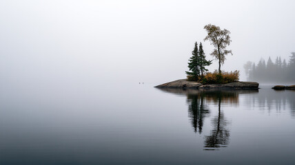 曇天の湖で中州の一本樹をシルエット