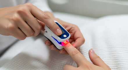Healthcare worker measuring patient blood oxygen level with pulse oximeter.