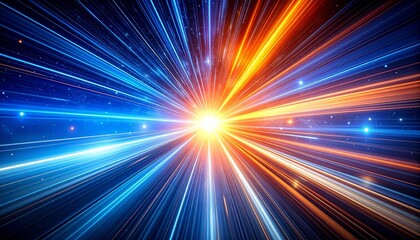 Radiant energy burst with orange core and blue light rays.