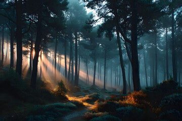 Fototapeta premium Enchanting Forest Sunrise with Sunbeams Illuminating the Tranquil Woodland Path