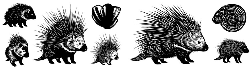 Obraz premium Group of Porcupines Quill Illustration in Black and White, Rodent Mammal Animals Walking, Nature Wildlife, Zoology Concept for Education or Book Illustrations, Decorative Animal Design, Quirky, Graphi