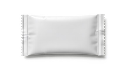 A plain, white, sealed, rectangular food package isolated on white background.