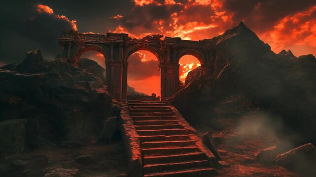 Pathway to a hellish realm with an archway and stairs leading towards a fiery red sky, concept of judgment day, video footage