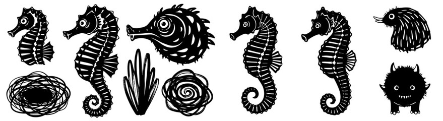 Obraz premium Stylized Sea Creatures Collection - Seahorses and Spiky Fish Grouped Together, Nest, Seaweed, Swirl, Hand Drawn Illustration, Vector Elements for Marine Life Designs, Children's Books, Fantasy Animals