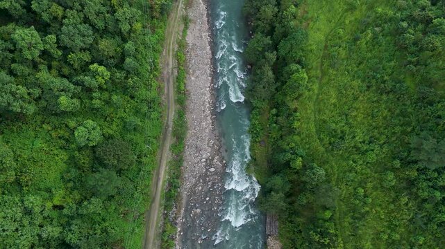 Scenic Aerial Landscape of Flowing River and Forested Terrain in Nepal Himalayas