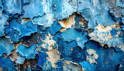 Peeling blue wall paint with cracked, aged texture.