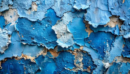 Peeling blue wall paint with cracked, aged texture.