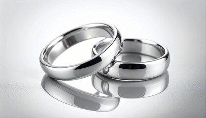 Two silver wedding bands overlapping on a reflective surface.