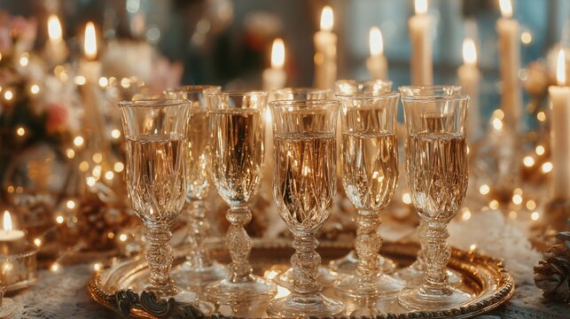 Celebrate special occasions with this stunning arrangement of champagne glasses and candlelight, perfect for weddings, anniversaries, and festive gatherings