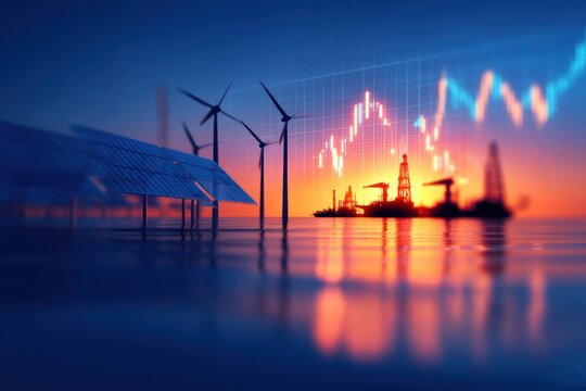 energy stock power infrastructure. Futuristic energy landscape with wind turbines and oil rigs at sunset. - Powered by Adobe
