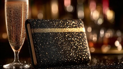 Elegant black and gold clutch with champagne for upscale celebrations or luxury branding, conveying sophistication and glamour at exclusive events