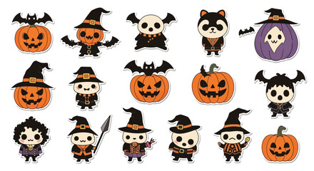 Collection of cute and spooky Halloween themed vector stickers with various characters, white background