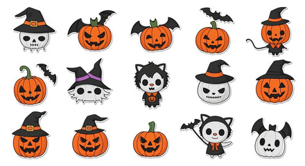 Collection of cute and spooky Halloween themed vector stickers with various characters, white background