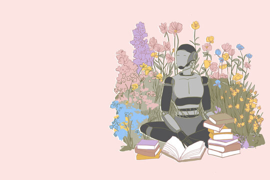 Robot reading books surrounded by flowers with copy space