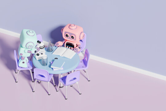 Pastel 3d robots coding and working at round table in office school