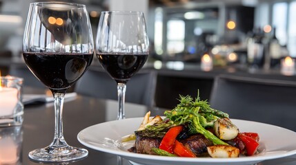 Indulge in a gourmet dining experience with a perfectly cooked steak, vibrant vegetables, and rich red wine in an elegant restaurant setting.