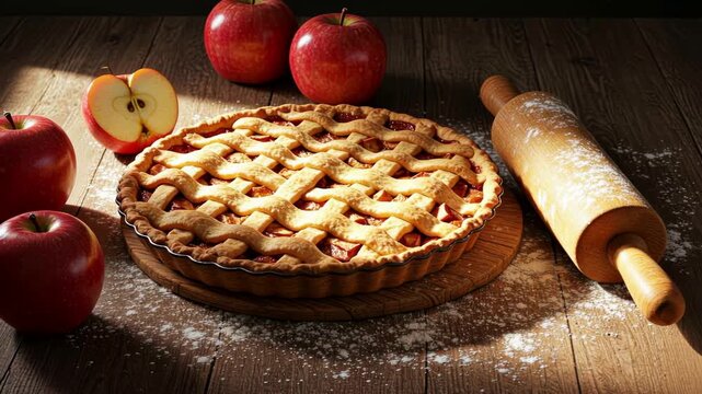 Freshly baked apple pie on wooden table with rolling pin and apples in warm light