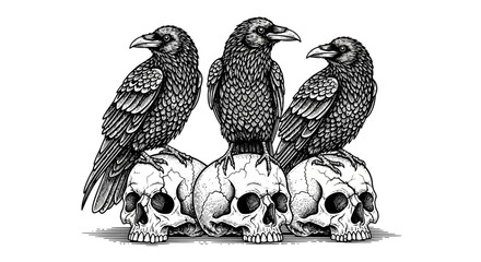 Three engraved ravens perched atop human skulls in a vintage style, white background