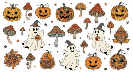 Retro Groovy Halloween sticker set featuring pumpkins, ghosts, mushrooms, and floral elements, white background