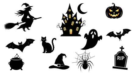 A set of black silhouette vector illustrations of Halloween themed elements on a white background, white background